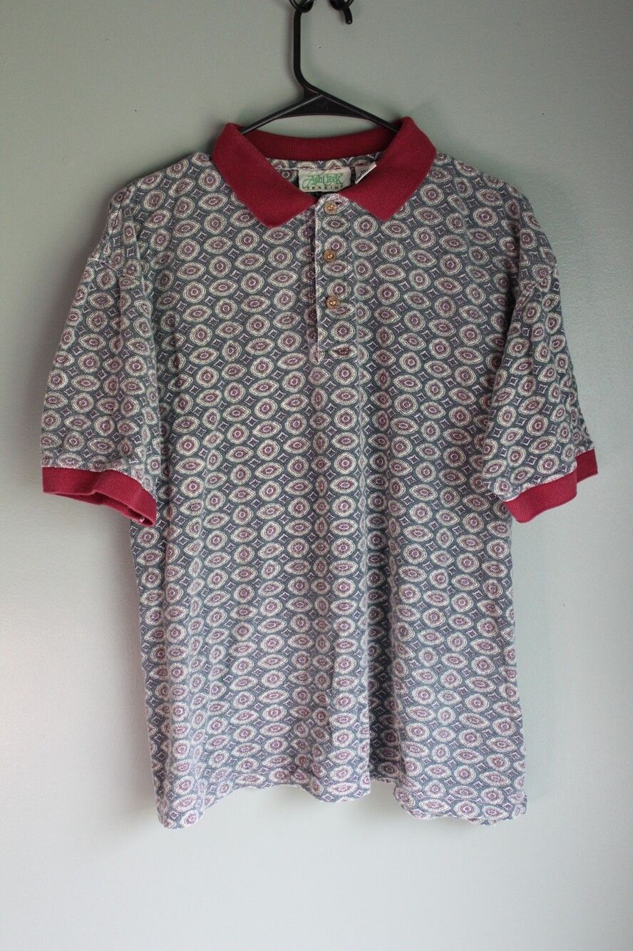 Vintage Mens Ash Creek Trading Polo Shirt Pattern Blue and Red Size M
